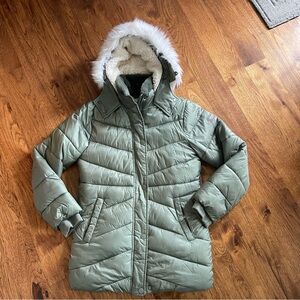 Abercrombie kids Green Puffer Jacket with Faux Fur Hood